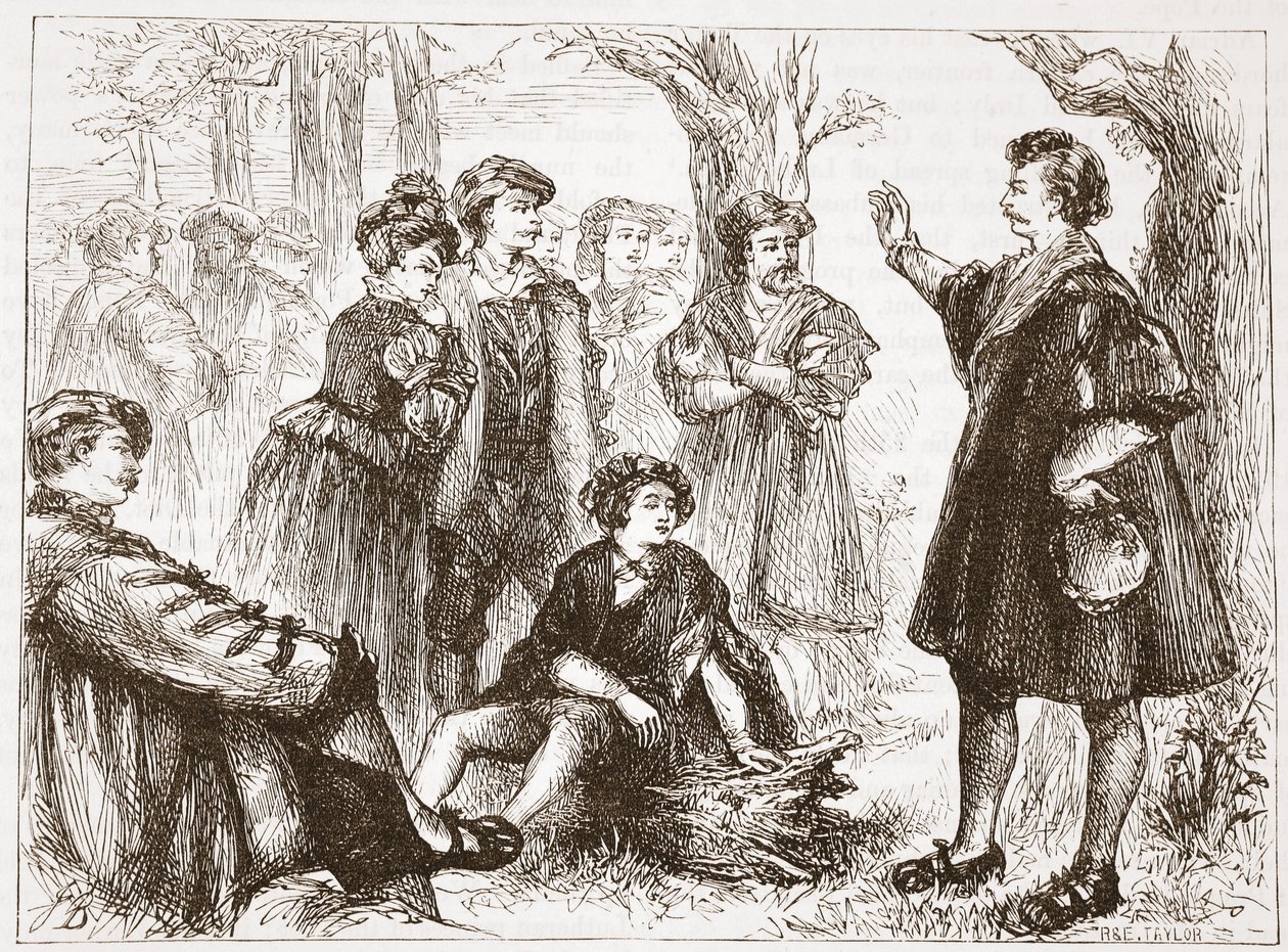 A Wittemberg Student Preaching in Lime-Tree Meadow, ilustrace z Historie protestantismu od Jamese Aitkena Wylie (1808-1890), pub. 1878 od English School