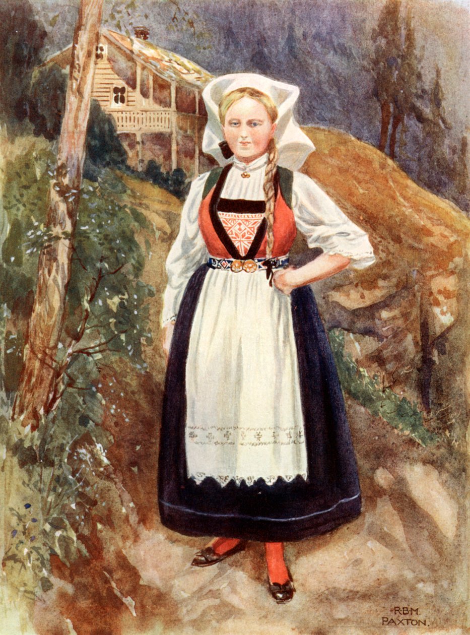 Žena z Hardangeru, Norsko (barevná litografie) od English School