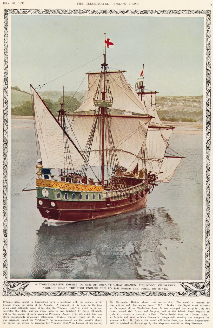 Pamětní pocta jednomu z velkých britských námořníků: modelu Drakes Golden Hind, první anglické lodi, která v letech 1577-80 obeplula svět, od The Illustrated London News Royal Naval a Mi od English School