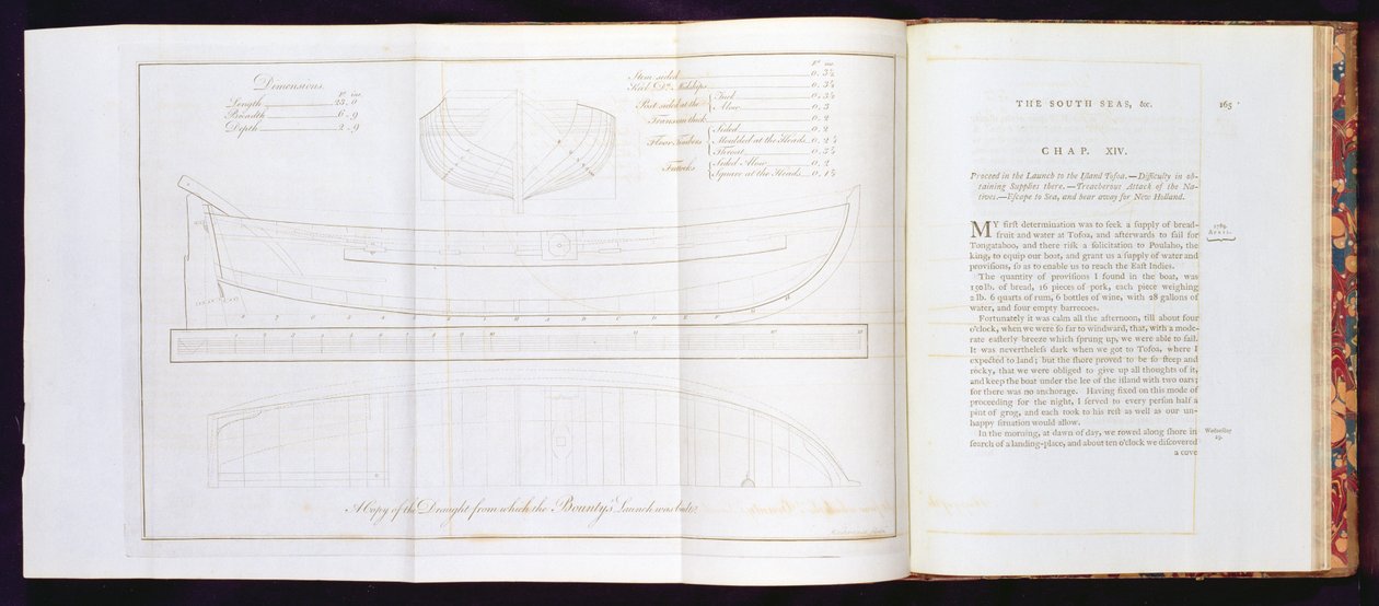Kopie návrhu, ze kterého byl postaven start The Bountys, z cesty do jižního moře, od Williama Bligha (1754–1817), vyrytý Mackenzie, publikovaný v roce 1792 (viz také 174207, 174209) od English School