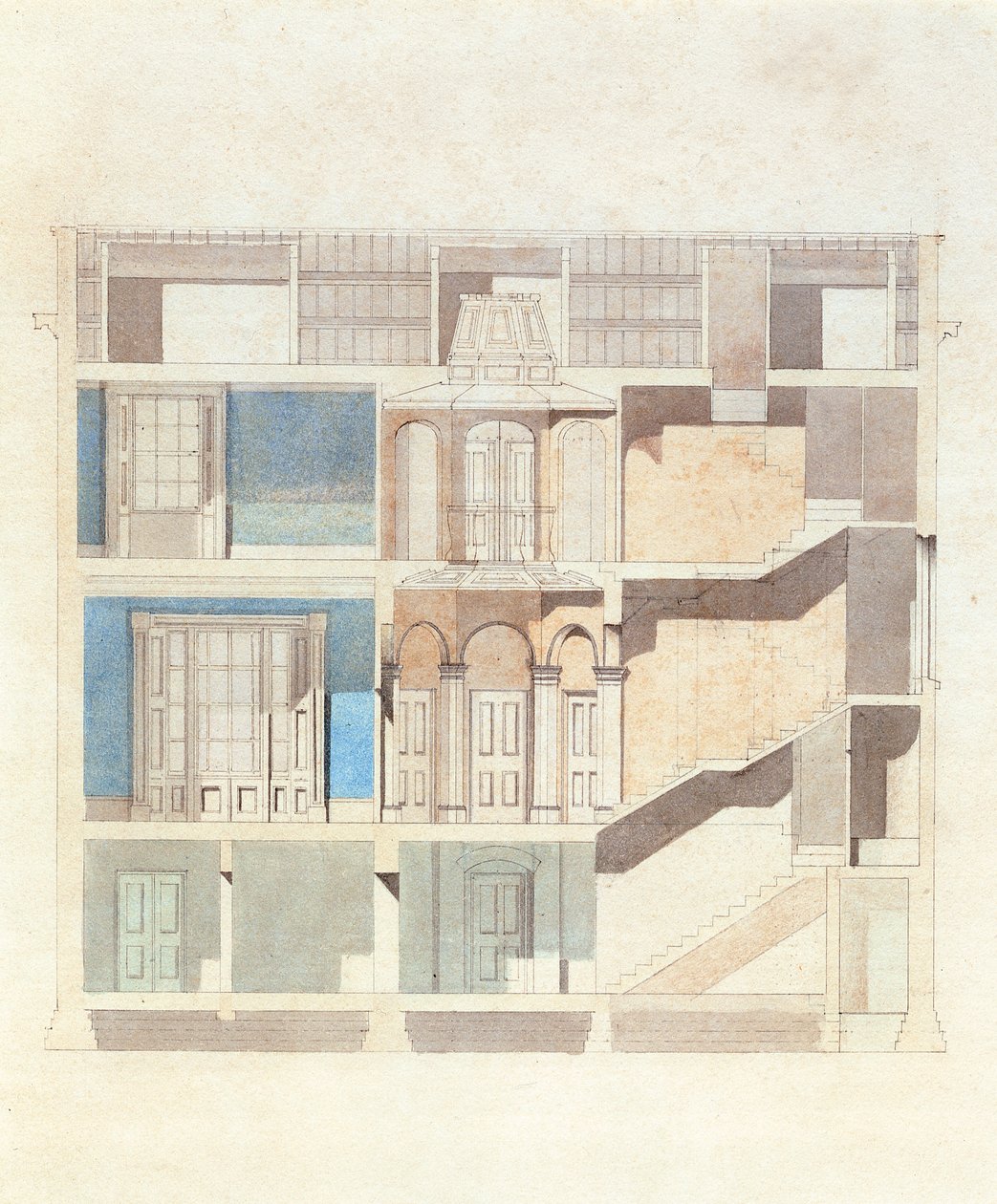 Návrh průřezu pro klasický interiér městského domu, cca 1840 (wc s perem a inkoustem) od English School