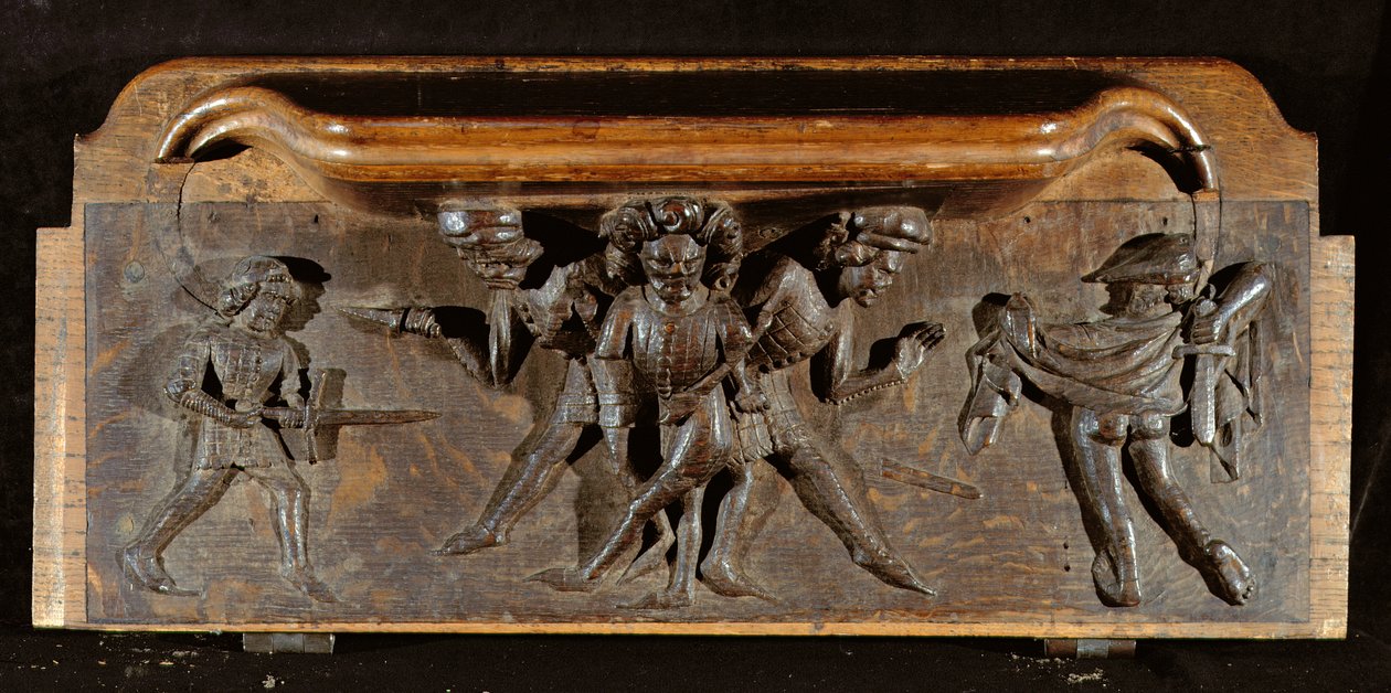 Poškozený misericord zobrazující tři muže bojující s dýkami a meči, New College Chapel, Oxford, konec 14. století (dřevo) od English School