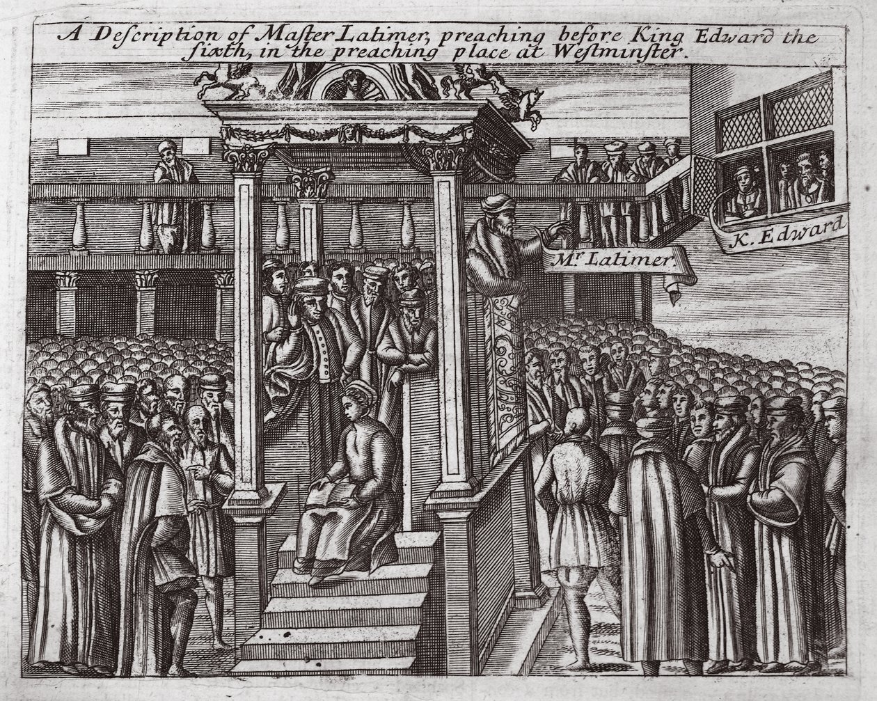 Popis mistra Latimera, kázání před králem Edwardem Šestým na kazatelském místě ve Westminsteru, ilustrace z Acts and Monuments od Johna Foxe, deváté vydání, hospoda. 1684 od English School
