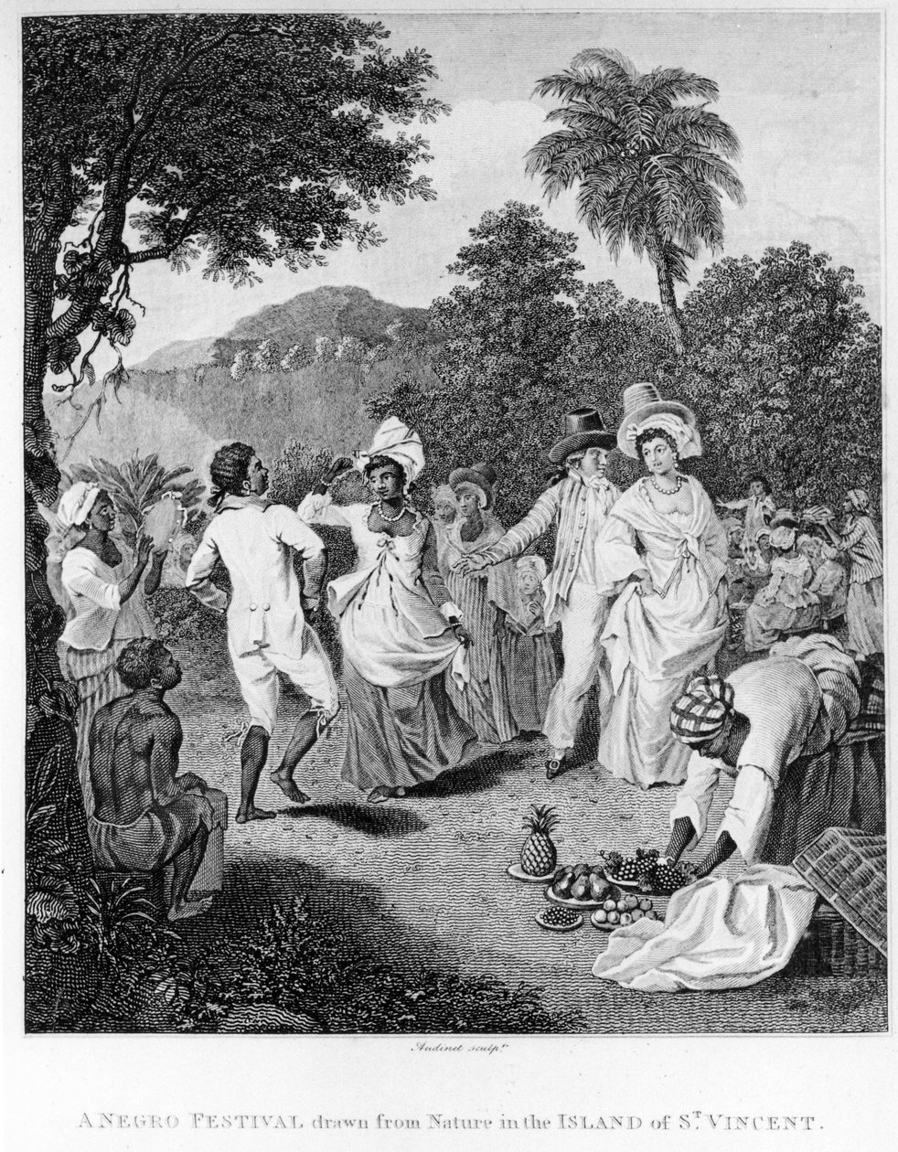 Festival na ostrově Svatý Vincent, z knihy Historie, civilní a obchodní, britských kolonií v Západní Indii od Bryana Edwardse, vyryl Philipp Audinet, revidované vydání z roku 1794 (angl. od English School