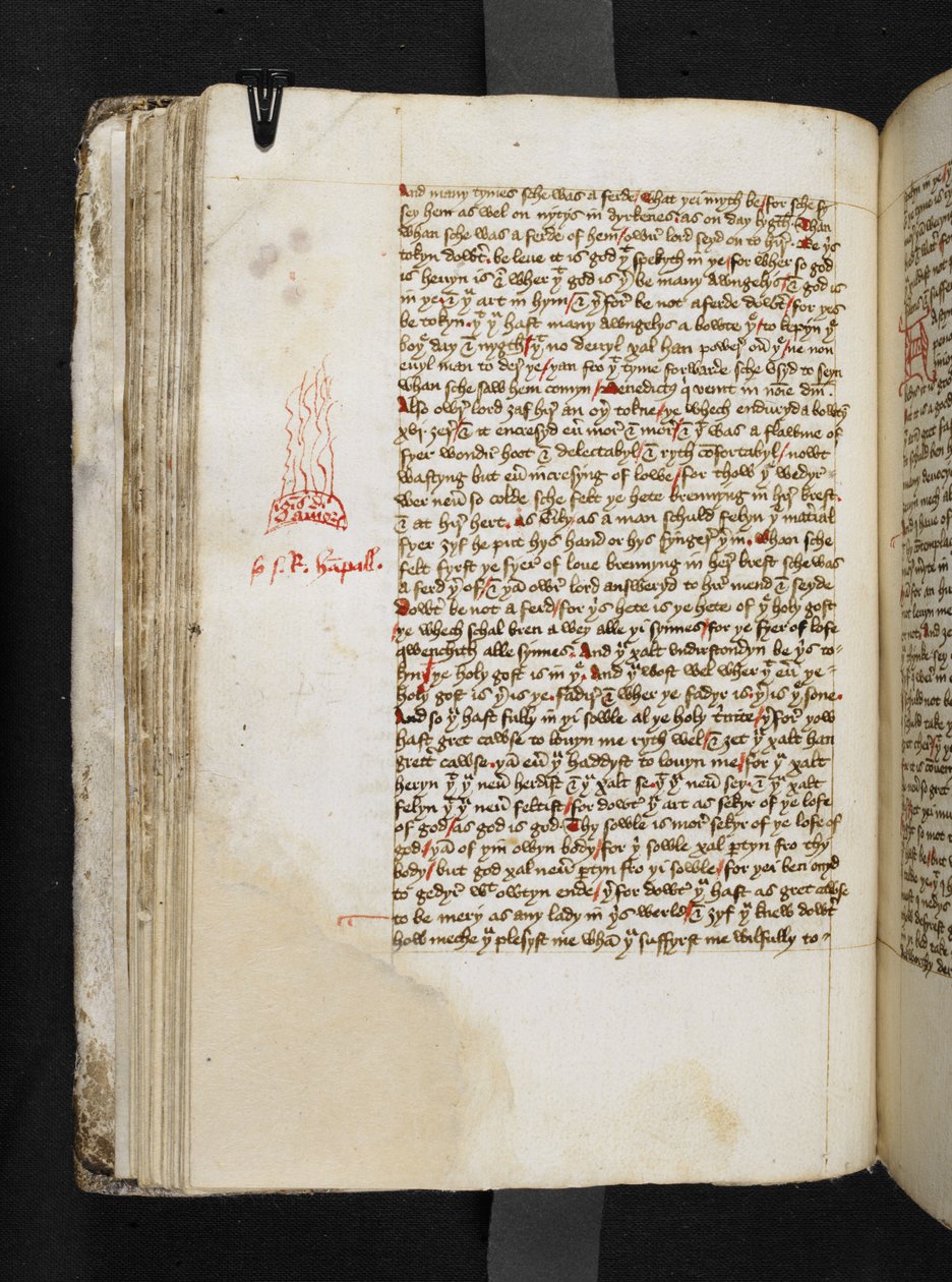 Plamen představující "ignis divini amoris" z Knihy Margery Kempe, Add MS 61823 f.43v, asi 1445-50 (pero a tuš na pergamenu) od English School