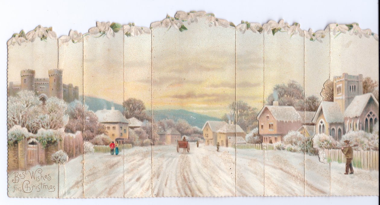 Skládací harmonikové viktoriánské vánoční přání hradu a kostela a muže nesoucího rýč ve sněhu, kolem roku 1880 od English School