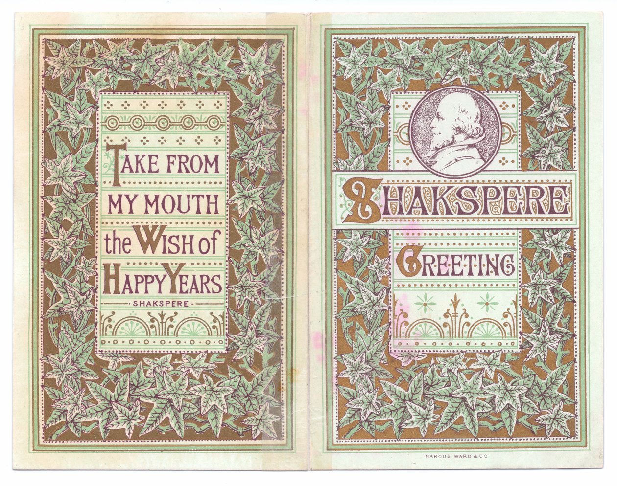 Přední a zadní obálka viktoriánské blahopřání s obrazem Williama Shakespeara, kolem roku 1880 (barevné lito) od English School