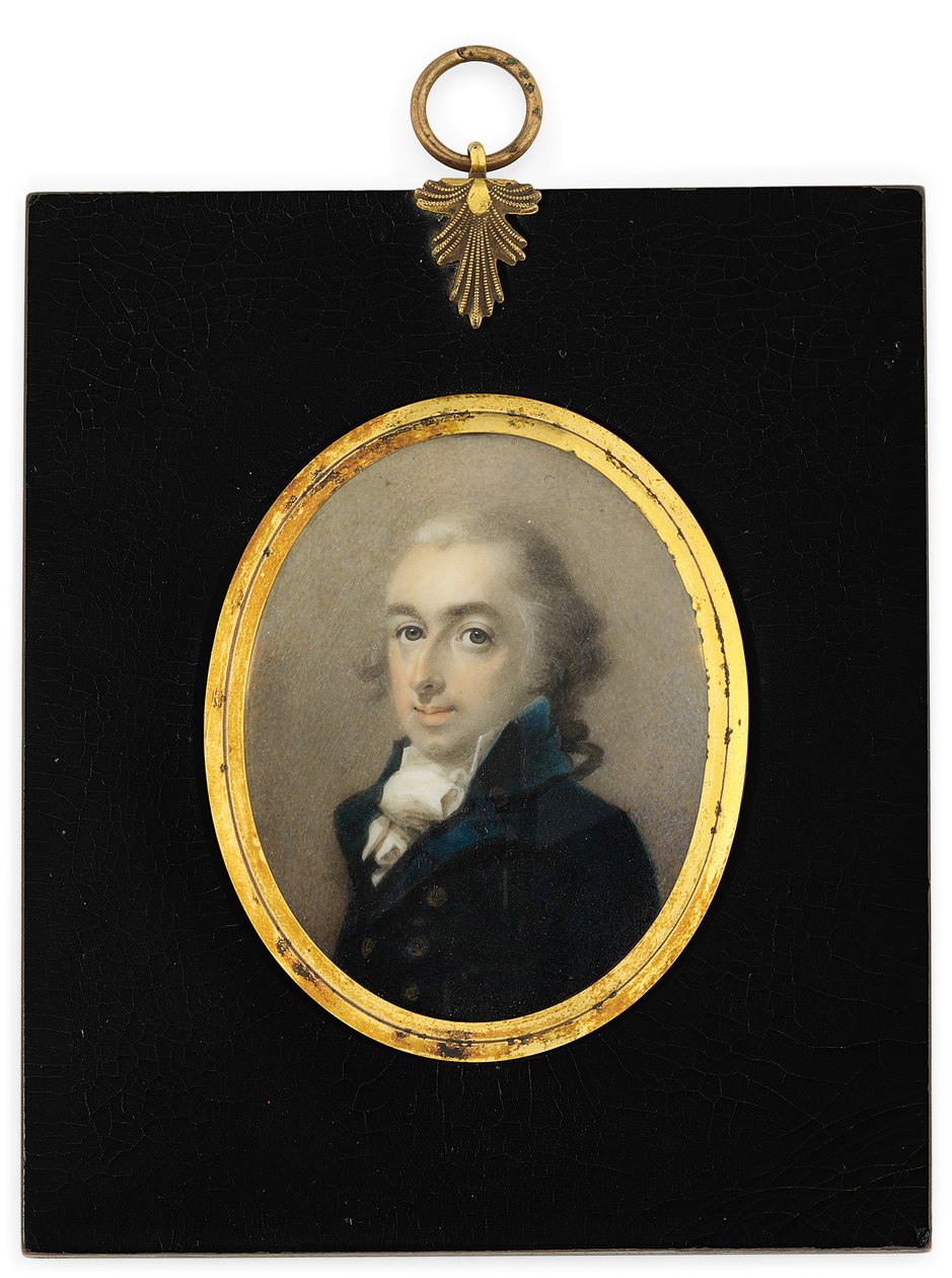 Gentleman jménem Pryce Edwards v modrém kabátě, bílé kravatě a napudrované paruce (akvarel na slonovině v ebonizovaném dřevěném rámu) od English School