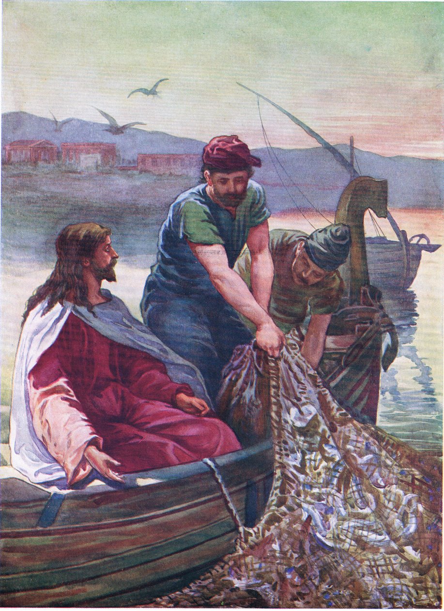 Velký tah ryb, z knihy The Bible Picture Book vydané nakladatelstvím Thomas Nelson, cca 1950 (barevná litografie) od English School