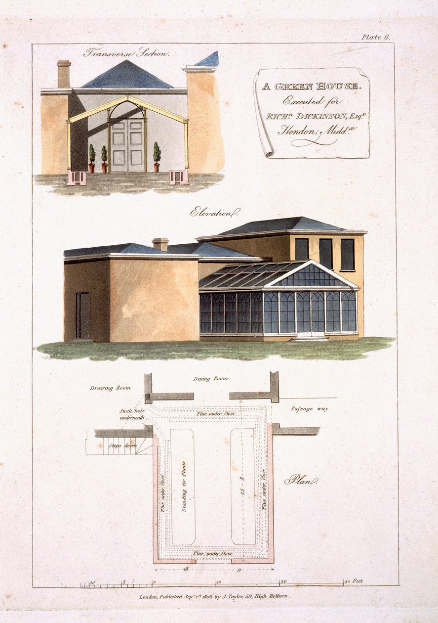 Skleník s gotickými detaily připojený k domu v neoklasicistním stylu pro Richarda Dickinsona Esq v Hendon, Middlesex, 1806 od English School