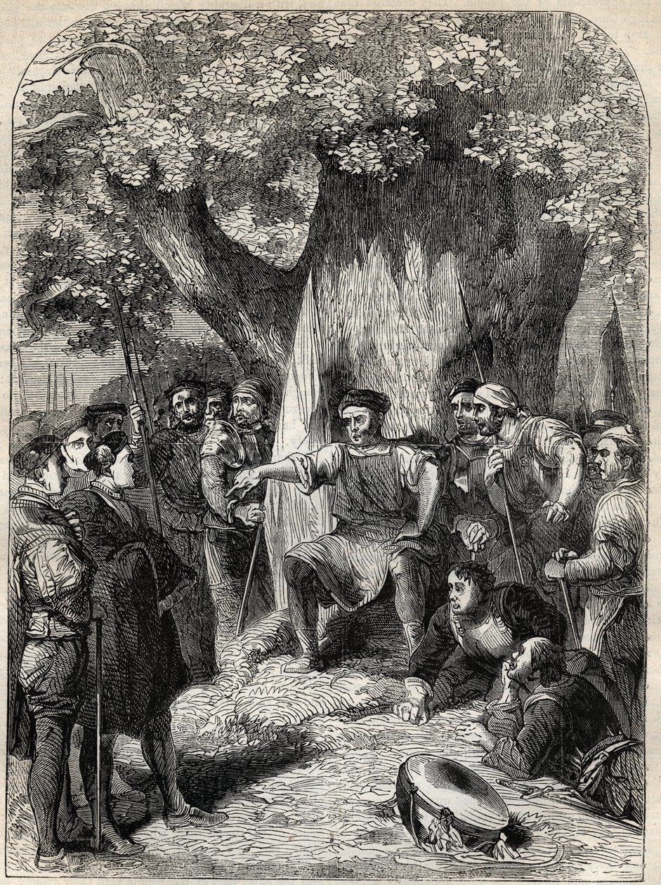 Skupina disidentů v Norfolku během povstání Roberta Ketta v roce 1549 - povstání v Norfolku, Anglie za vlády Edwarda VI. - Ket Tanner (1492-1549) Haranguing svým stoupencům pod Dubem reformace - rytina z „“Historie Anglie“ “b od English School