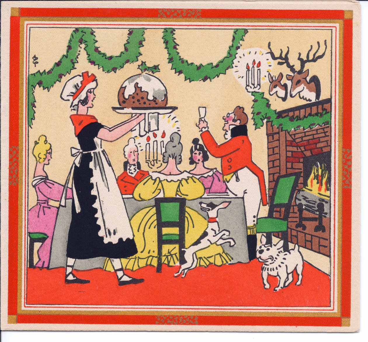 Ručně kolorované francouzské vánoční přání Pochoir pro služebnou podávající vánoční pudink, cca 1920 od English School
