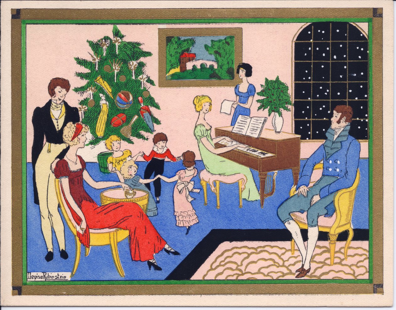 Ručně kolorované francouzské vánoční přání Pochoir z vánočního večírku rodiny Regency s tancem a hudební zábavou, kolem roku 1920 od English School