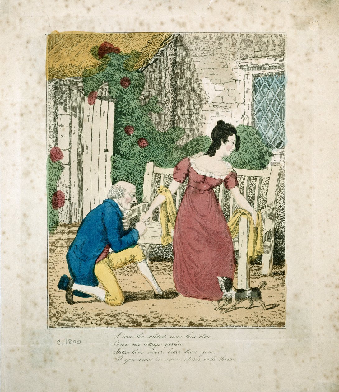 Ručně kolorovaná litografovaná scéna muže, který navrhuje, kolem roku 1800 od English School