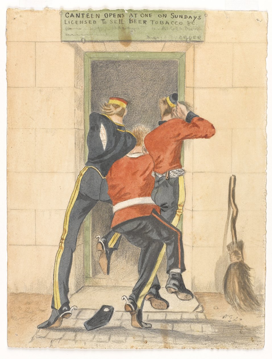 Husar, pěšák a dragoun, všichni ve svlékací uniformě, šplhající ke vchodu do kantýny, kolem roku 1890 od English School