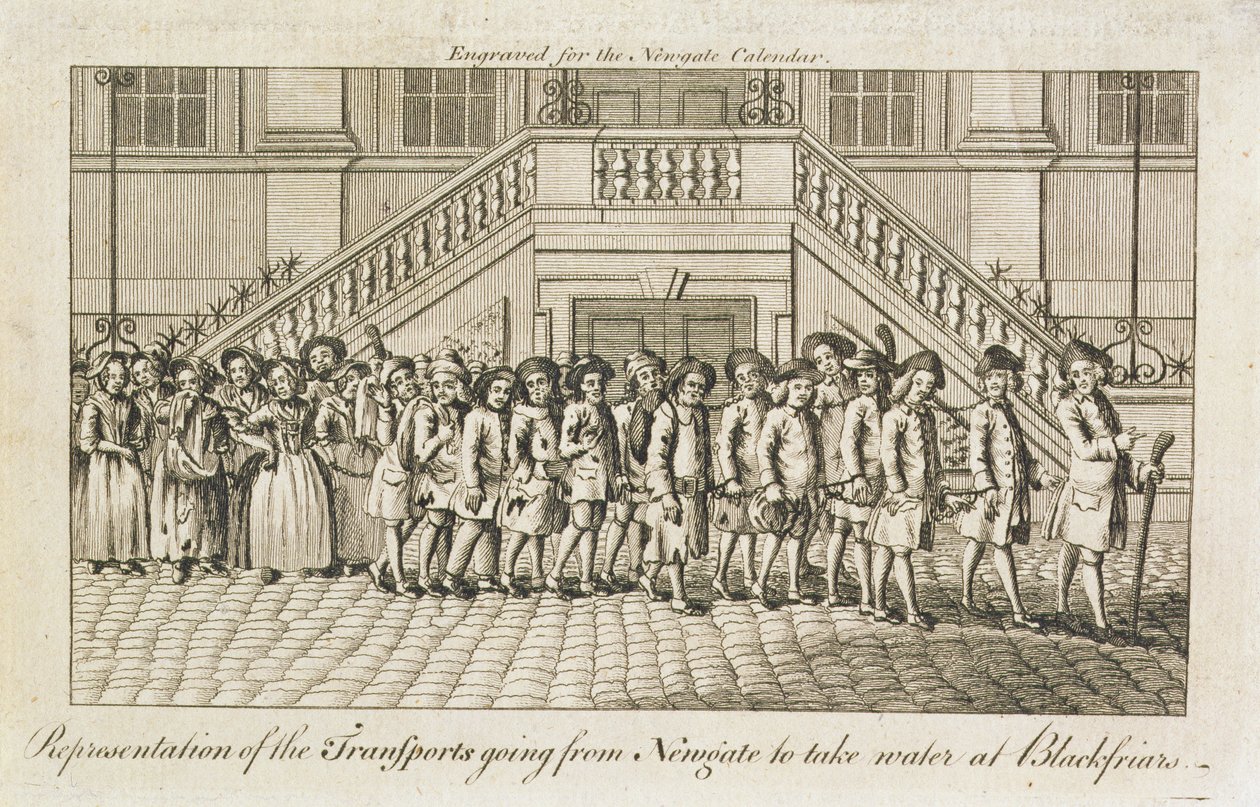 Řada spoutaných trestanců z věznice Newgate, Old Bailey, byla převezena do Blackfriars k přepravě, kolem roku 1760 od English School