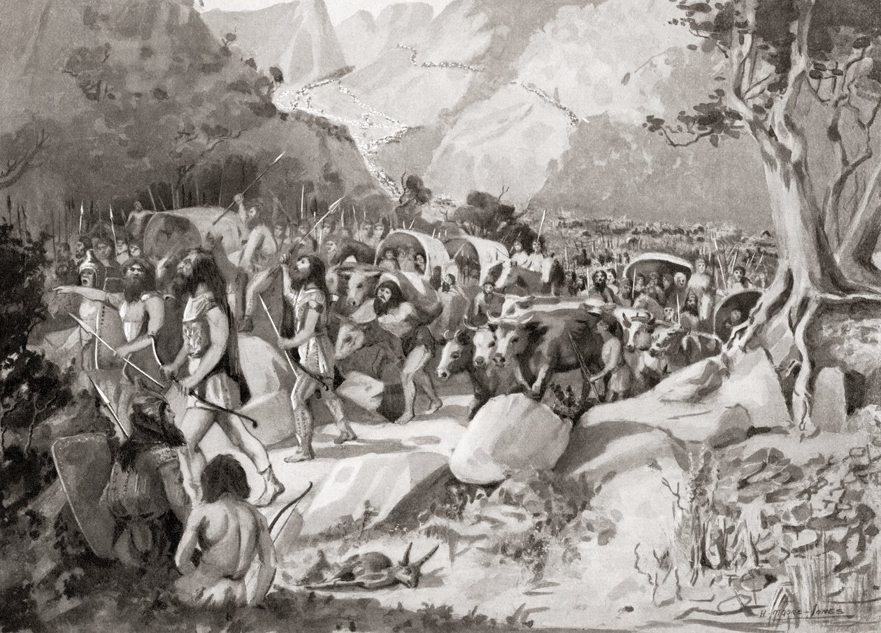 Migrace skythských kmenů přes průsmyk v horách Malé Asie do Sýrie, z Hutchinsonovy Historie národů, pub. 1915 od English School