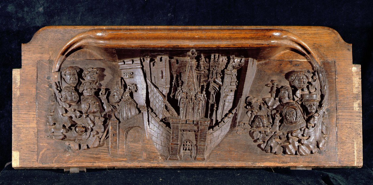 Misericord zobrazující opevněné město s bránou s vyvýšenou padací mříží, New College Chapel, Oxford, konec 14. století (dřevo) od English School