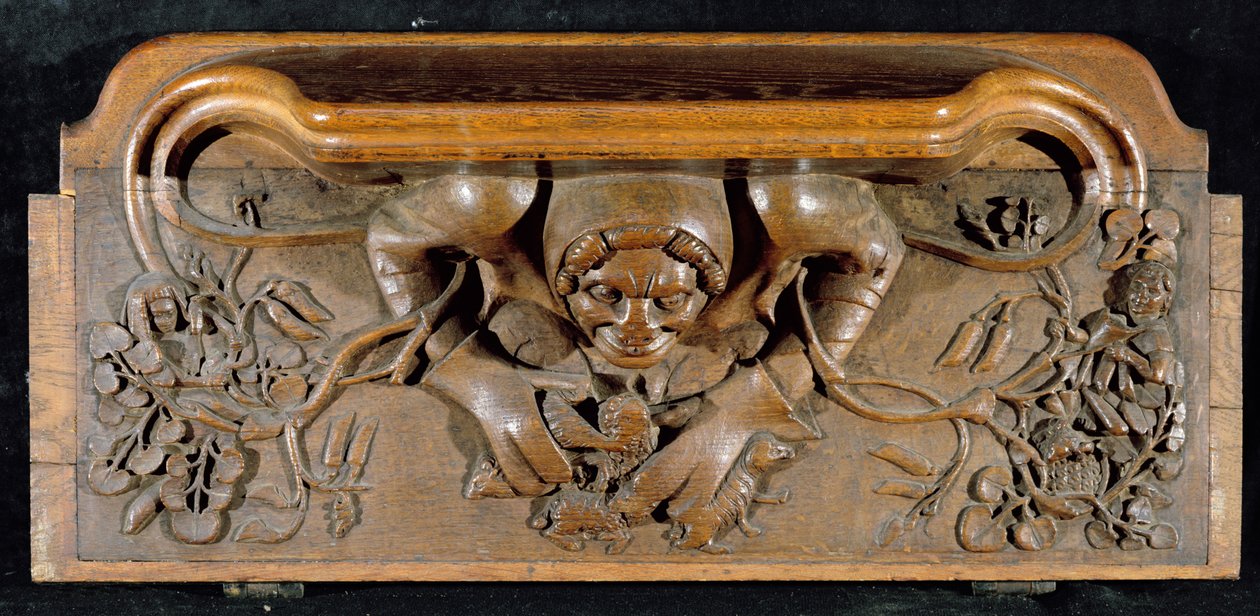 Misericord zobrazující zlobra s obrovskými rameny, New College Chapel, Oxford, konec 14. století (dřevo) od English School