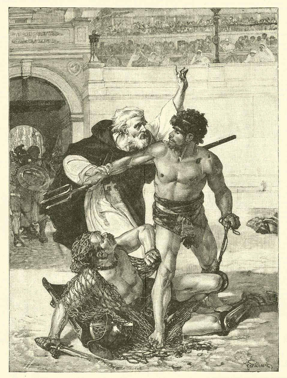 Mnich Telemachus, který se snaží zastavit gladiátorské hry v Koloseu, Řím (rytina) od English School