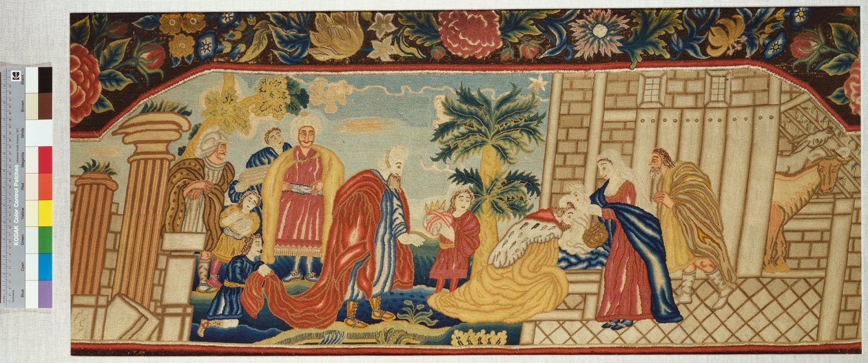 Vyšívané sedátko pohovky jemně vypracované ve stanu stehem zobrazující Klanění tří králů, kolem roku 1730 od English School