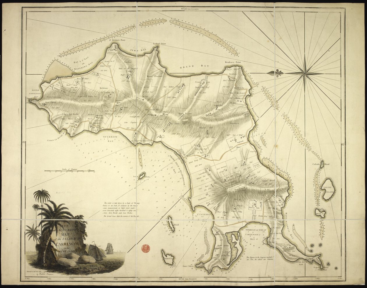 Nová a přesná mapa ostrova Carriacou v Západní Indii od English School