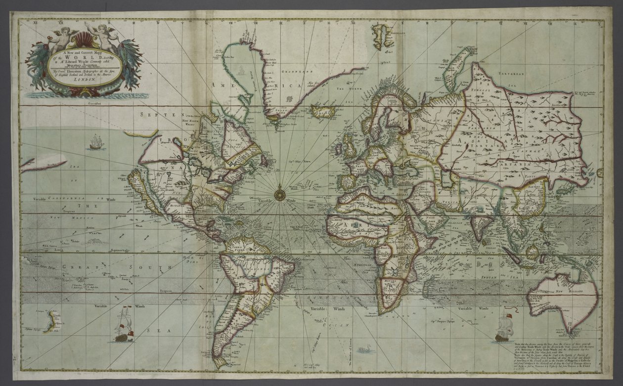 Nová a správná mapa světa z atlasu moře, 1707 (ručně kolorovaný tisk) od English School