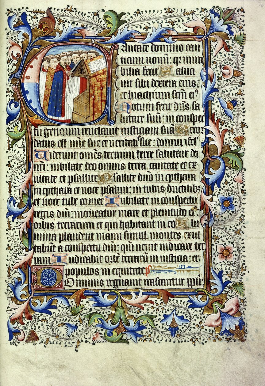 Stránka ze žaltáře v latině s historickou iniciálou zobrazující skupinu mnichů stojících před řečnickým zpěvem, kolem roku 1455 od English School