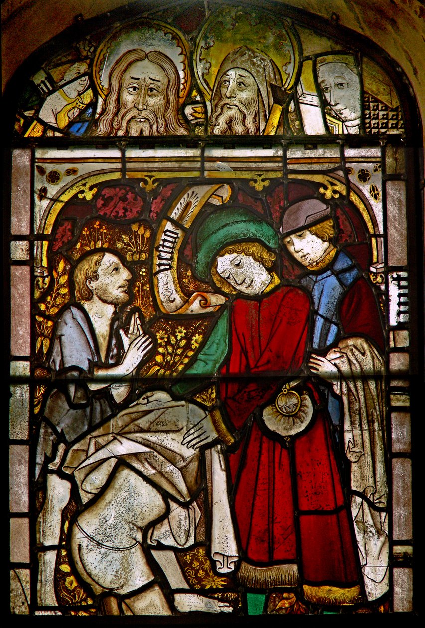 Panel ve východním okně zobrazující Works of Mercy: oblečení nahých: také některé jemné resetované hlavy od English School