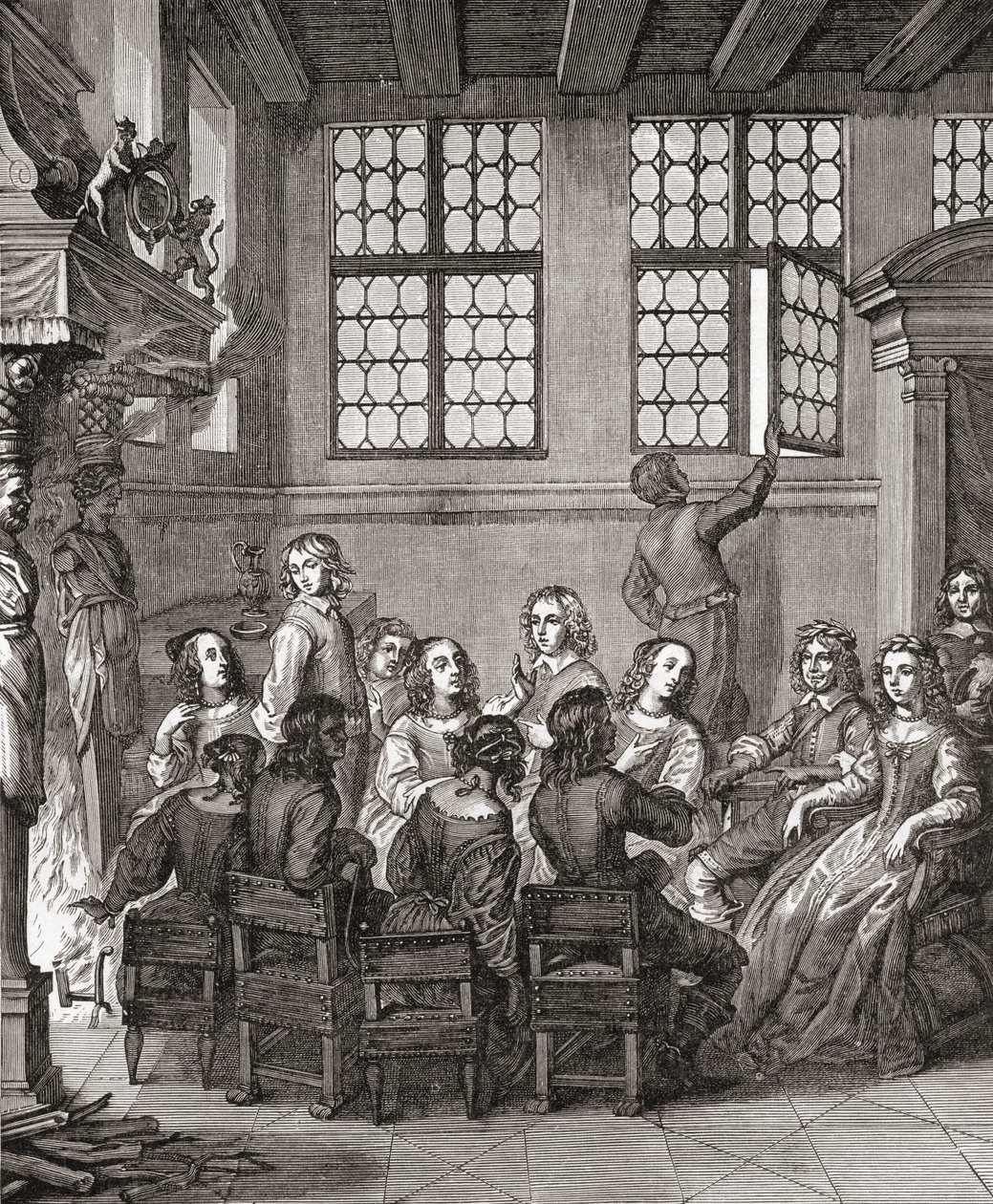 Večírek v domě vévody z Newcastlu, frontispis k Obrázkům přírody od Margaret, vévodkyně z Newcastlu, 1656, z knihy Krátké dějiny anglického národa od J. R. Greena, vydané roku 1893. od English School