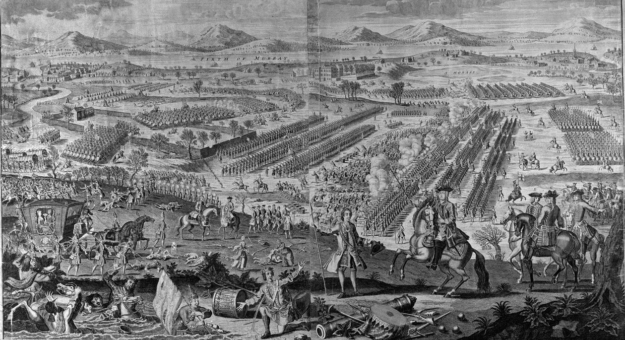 Perspektivní pohled na slavnou bitvu u Drunmossie Moor dne 16. dubna 1746, 1746 od English School