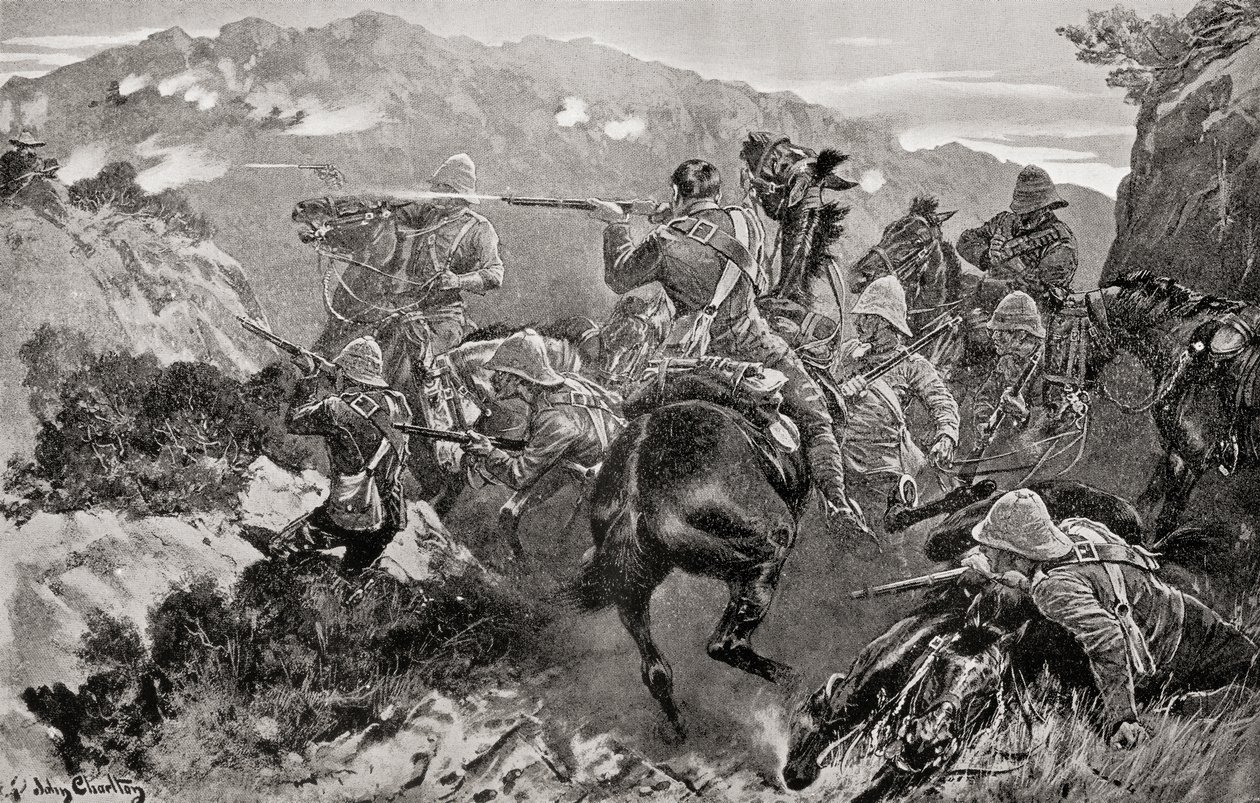 Demonstrace 13. husarů překvapená poblíž řeky Tugela, Hussar Hill, provincie KwaZulu-Natal během druhé búrské války, z „Jižní Afriky a Transvaalské války“, Louis Creswicke, publikováno 1900 (litho) od English School