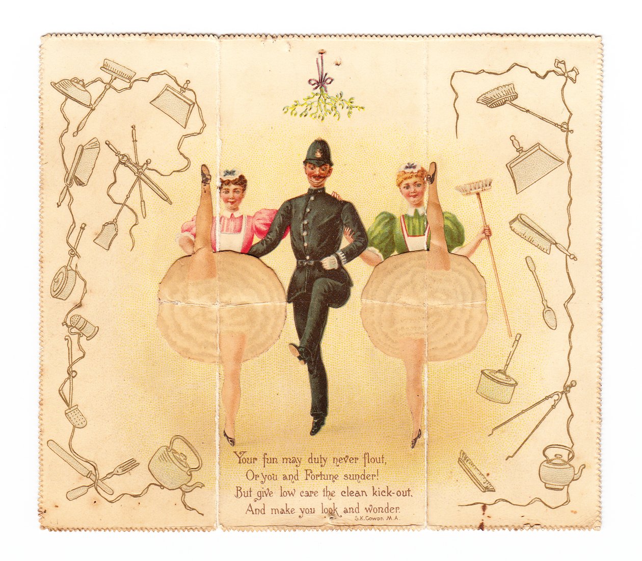 Vyskakovací kartička s policistou a dvěma ženami, kteří dělají vysoký kop, cca 1920 (barevná litografie) od English School