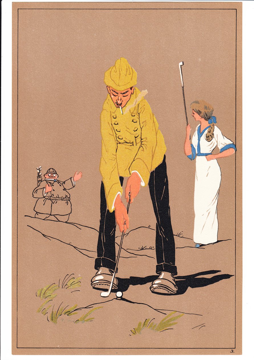 Tisk dvou golfistů v komických a vtipných polohách, kolem roku 1920 od English School