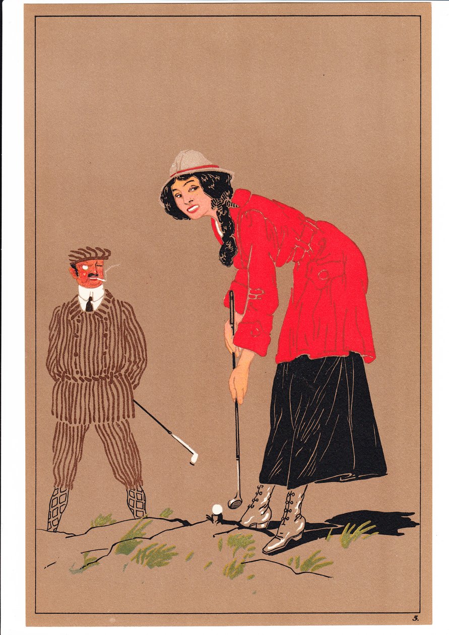 Tisk dvou golfistů v komických a vtipných polohách, kolem roku 1920 od English School