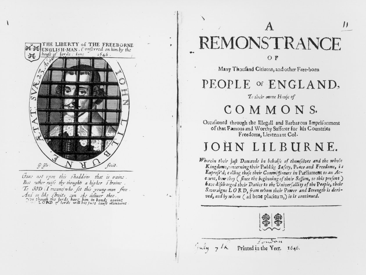 Odvolání Levellerů k Dolní sněmovně ohledně uvěznění jejich vůdce Johna Lilburna (asi 1614-57) zveřejněné 1646 od English School
