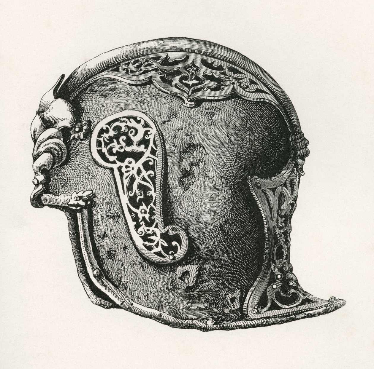 Sallet, alias salade nebo schaller válečná helma, 1450 n. l., z knihy The British Army: Its Origins, Progress and Equipment, vydané v roce 1868. od English School