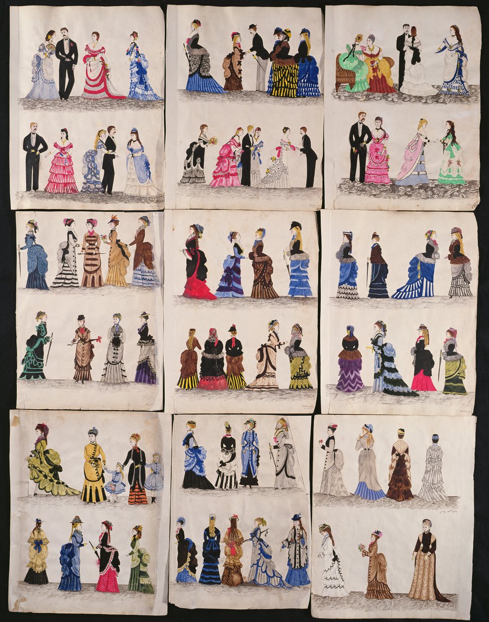 Výběr viktoriánské módy včetně plesových a vycházkových šatů, cca 1876 (čb na papíře) od English School