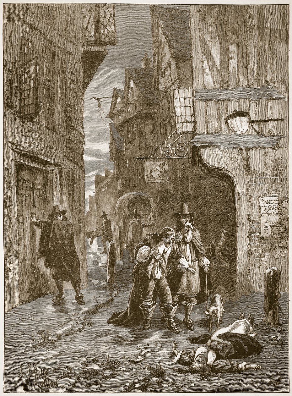 Ulice v Londýně během velkého moru, ilustrace z Cassells Illustrated History of England (sépiová fotografie) od English School