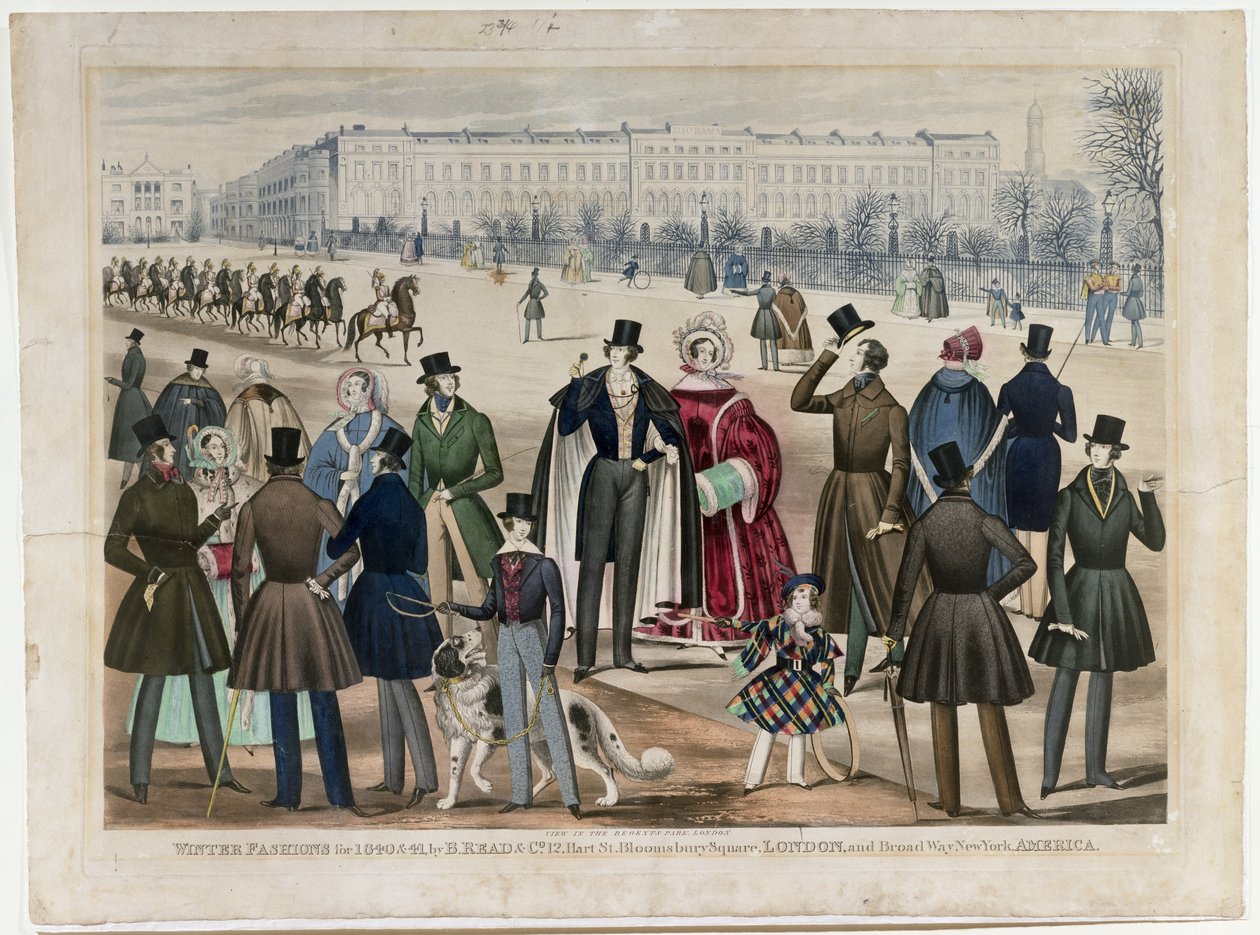 Pohled v Regents Park v Londýně, ukazující zimní módu v letech 1840 a 1841, publikoval B.Read & Co, 1840 (akvatinta na papíře) od English School