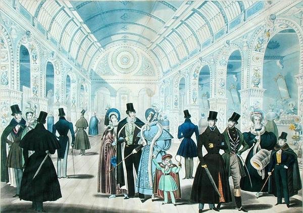 Pohled v Pantheonu, Oxford Street, Londýn, zobrazující zimní módu od listopadu 1834 do dubna 1835, publikoval B.Read & Co. od English School