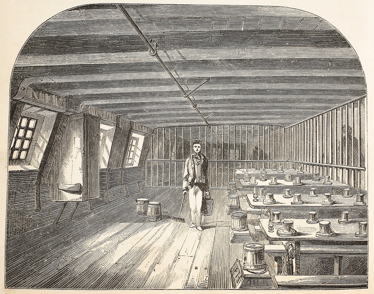 Oddělení na palubě lodi Defence hulk zařídilo návrat odsouzených k večeři, ilustrace z knihy The Criminal Prisons of London and Scenes from Prison Life od Henryho Mayhewa a Johna Binnyho, pub. 18 od English School