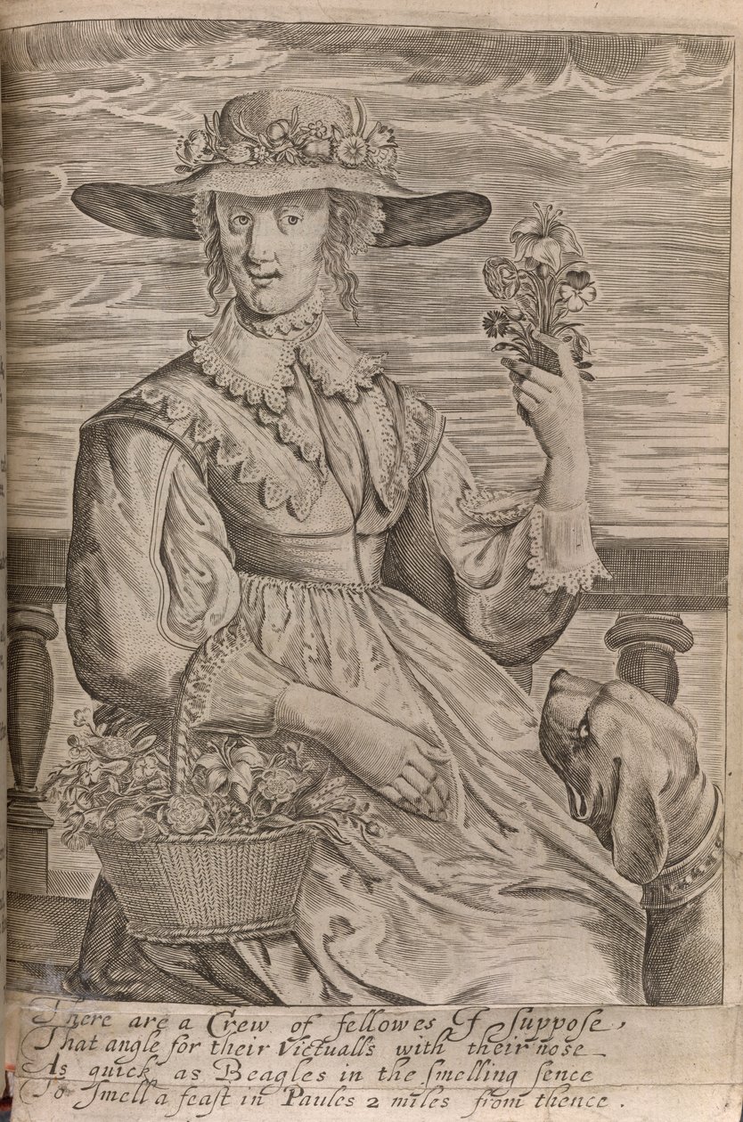 Žena s květinami, ilustrace z „Práce pro nikoho kromě andělů a mužů“, od Sira Johna Daviese, vytištěno 1653 (litho) od English School