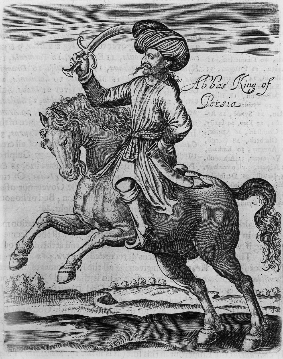 Abbas King of Persia, ilustrace z „Několik let cestování do Afriky a Asie“ od Sira Thomase Herberta, 1634 (rytina) od English School