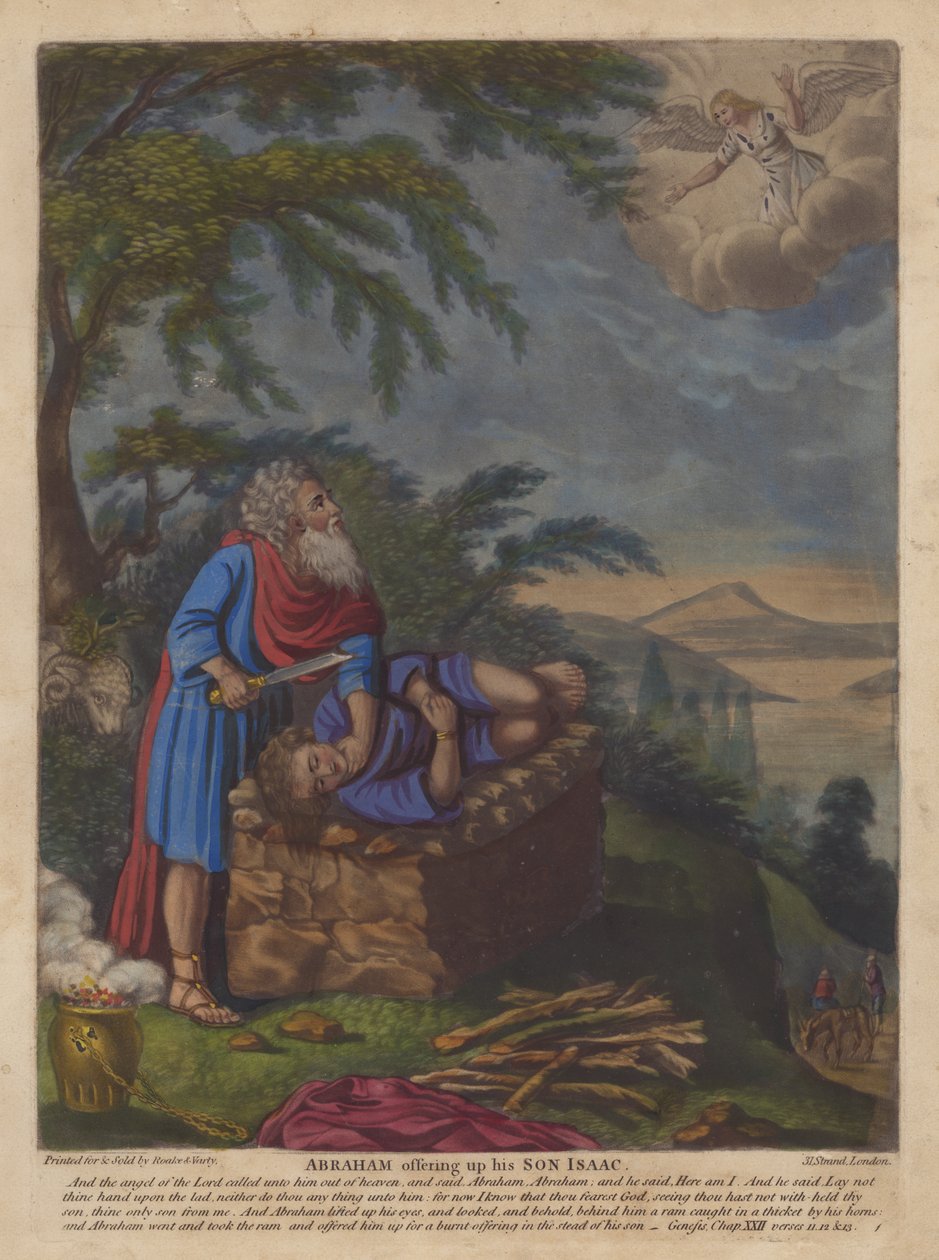 Abraham obětuje svého syna Izáka (barevná litografie) od English School