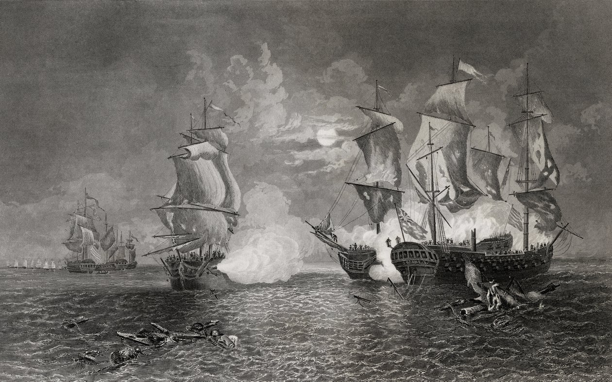 Akce mezi Bonhomme Richard a Serapis, 23. září 1779 (rytina) od English School