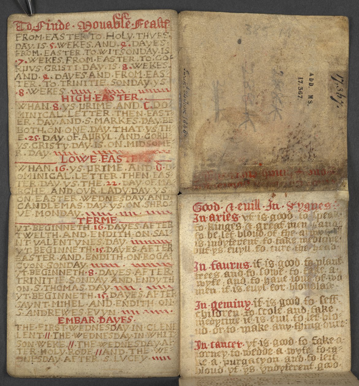 Přidat. 17367, f.1r z Almanachu, obsahující tabulku dominikálních písmen a zlatých čísel; pokyny k nalezení pohyblivých svátků; kalendář svatých, epochy, seznam anglických panovníků, předpovědi počasí, vliv znamení zvěrokruhu (vellu od English School