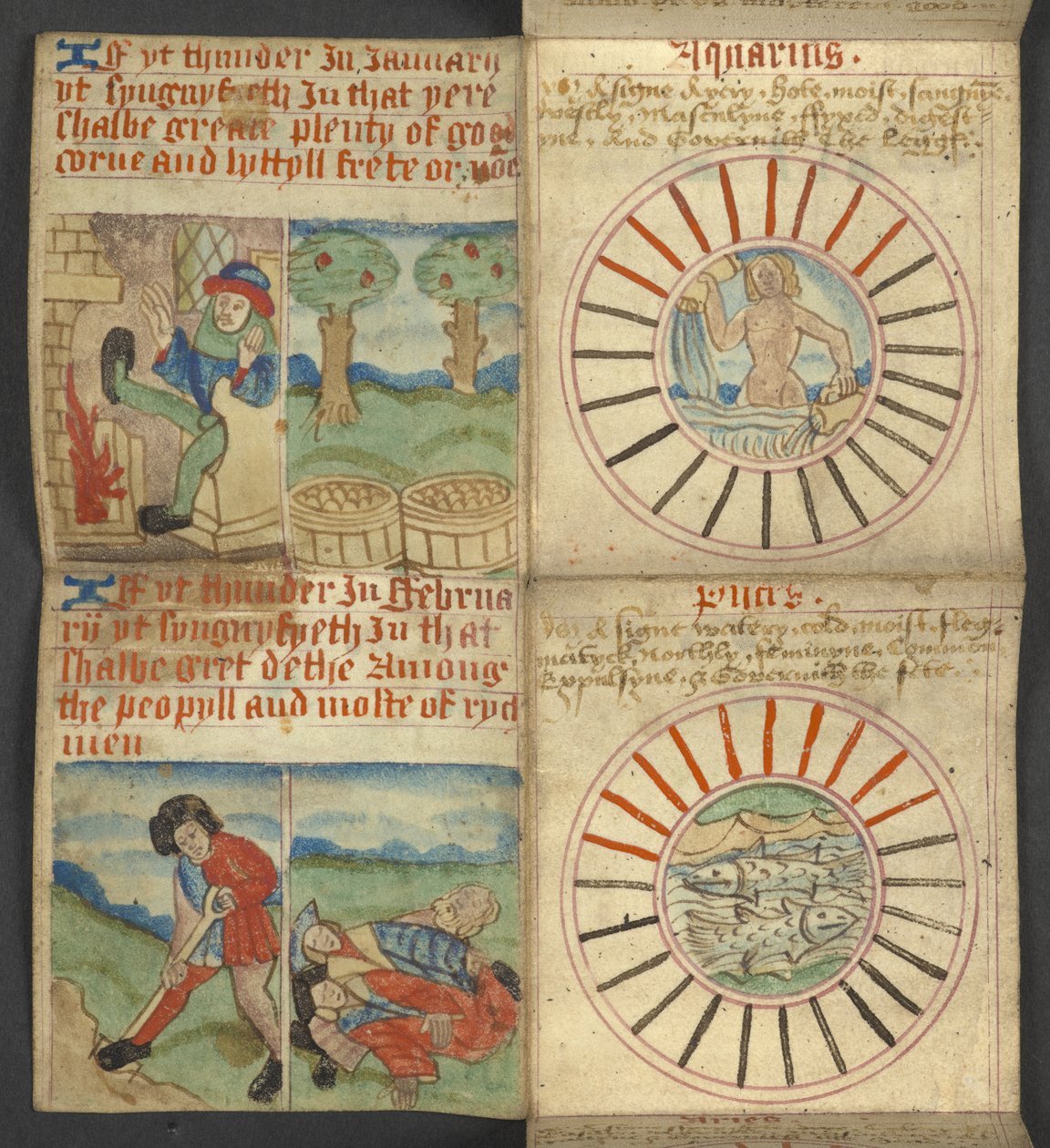 Přidat. 17367, f.3r Aquarius & Pisces, z Almanachu, obsahující tabulku dominických písmen a zlatých čísel; pokyny k nalezení pohyblivých svátků; kalendář svatých, epochy, seznam anglických panovníků, předpovědi počasí, vliv znamení o od English School