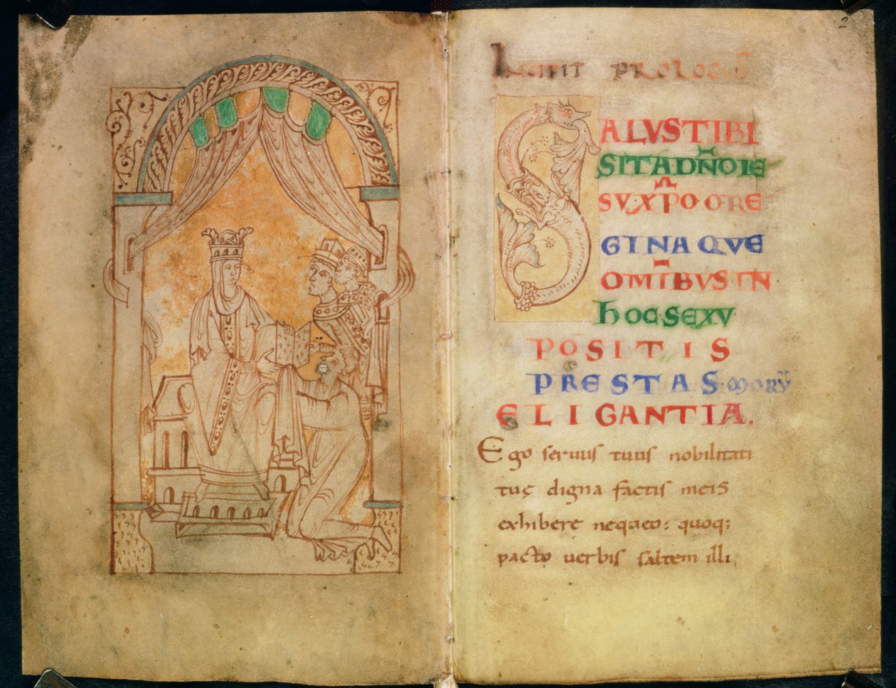 Add 33241 ff.1v-2 Královna Emma manželka Ethelreda II a Cnut obdrží knihu od jejího autora; Text s velkým „S“. od English School