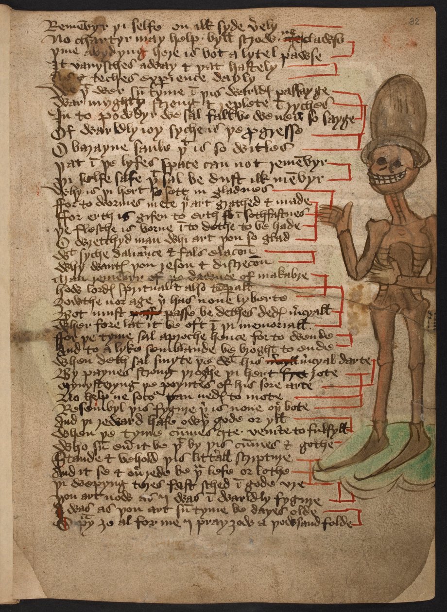 Přidat 37049 f.32 Okrajový obrázek šklebící se kostry, která mává a nosí vysoký klobouk, ilustrující „Úsvit Makabre“ cca 1460-1500 (inkoust a barva na pergamenu) od English School